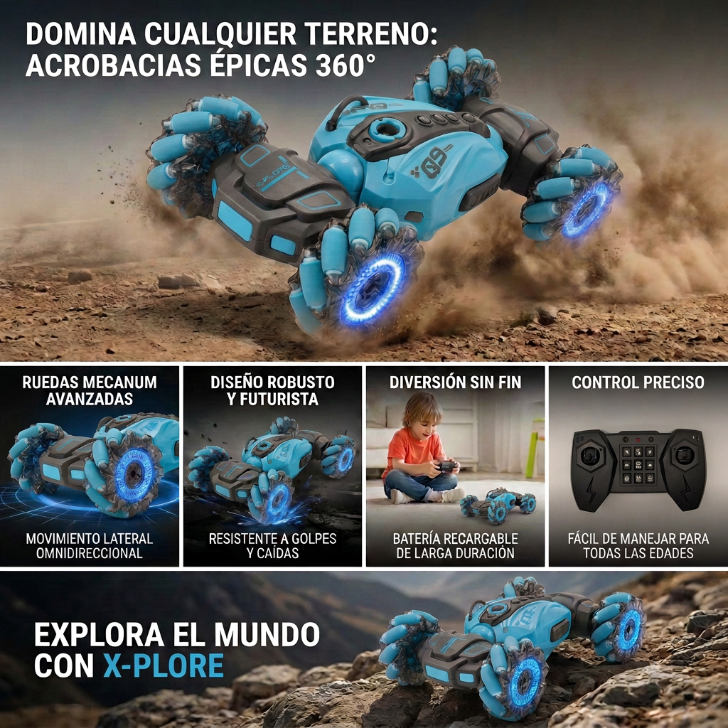 RC Car Stunt Car para Niños, Coche a Control Remoto 360° con Acrobacias y Giros, Auto RC Todoterreno para Niños y Niñas, Juguete de Carreras y Regalo de Cumpleaños (Azul y Negro)